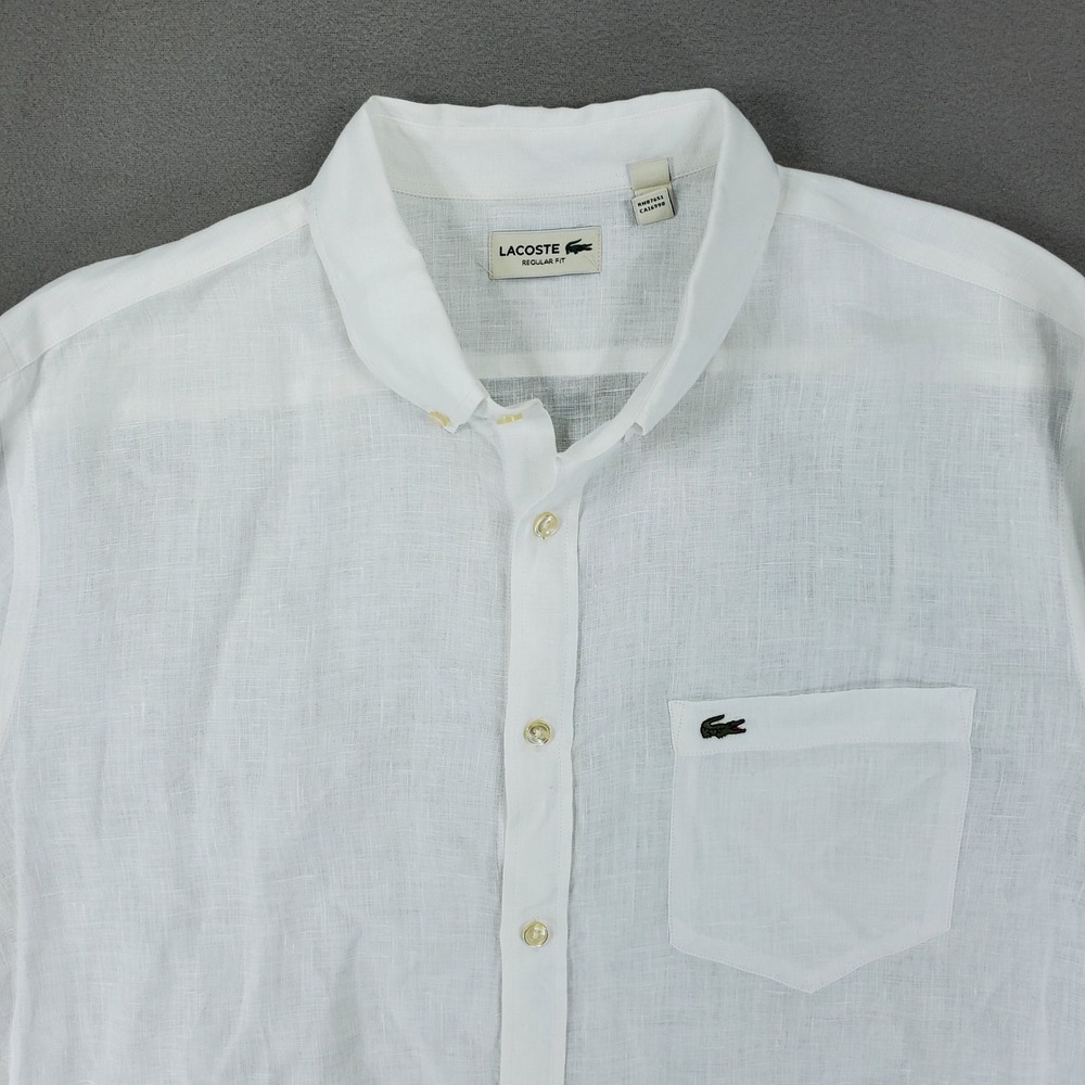 Lacoste Button Up Shirt Mens XL White Regular Fit Linen Long Sleeve Logo